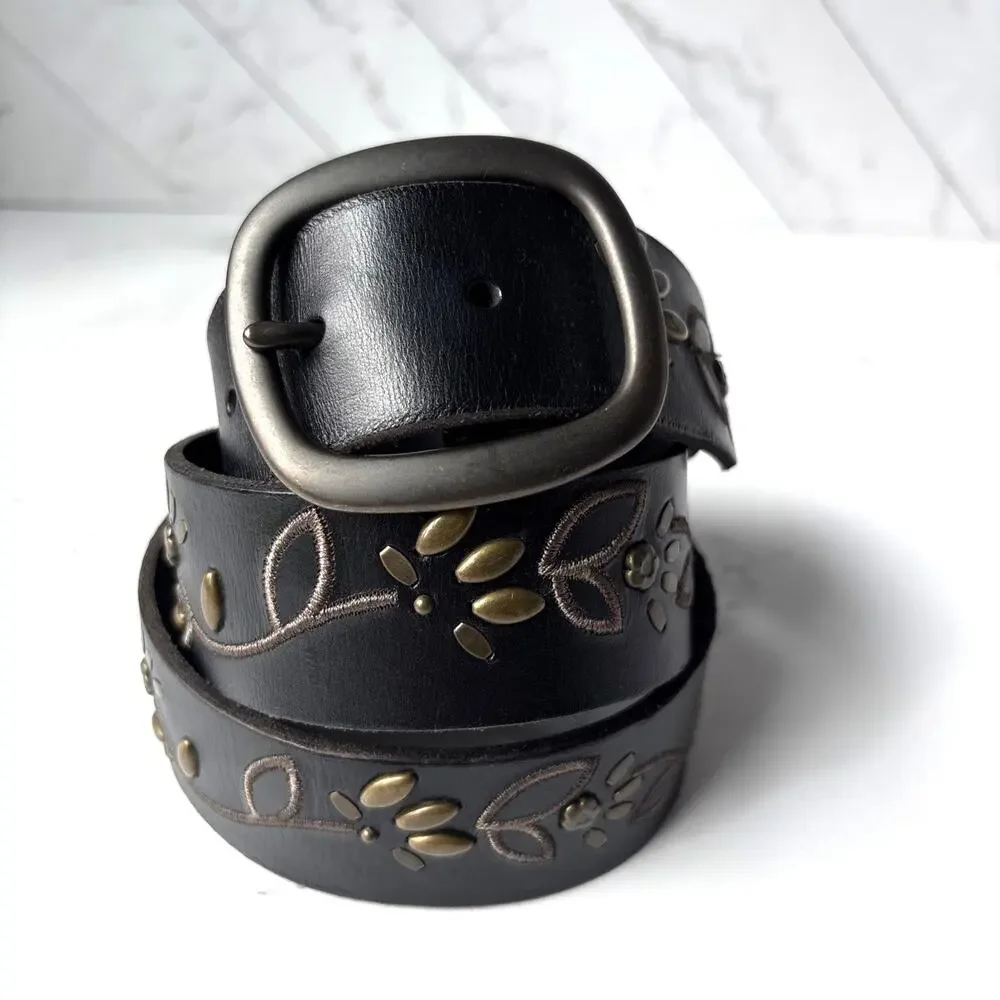 FOSSIL Black Leather Belt Artsy Metal Floral Stud Detail Boho Western Women’s M